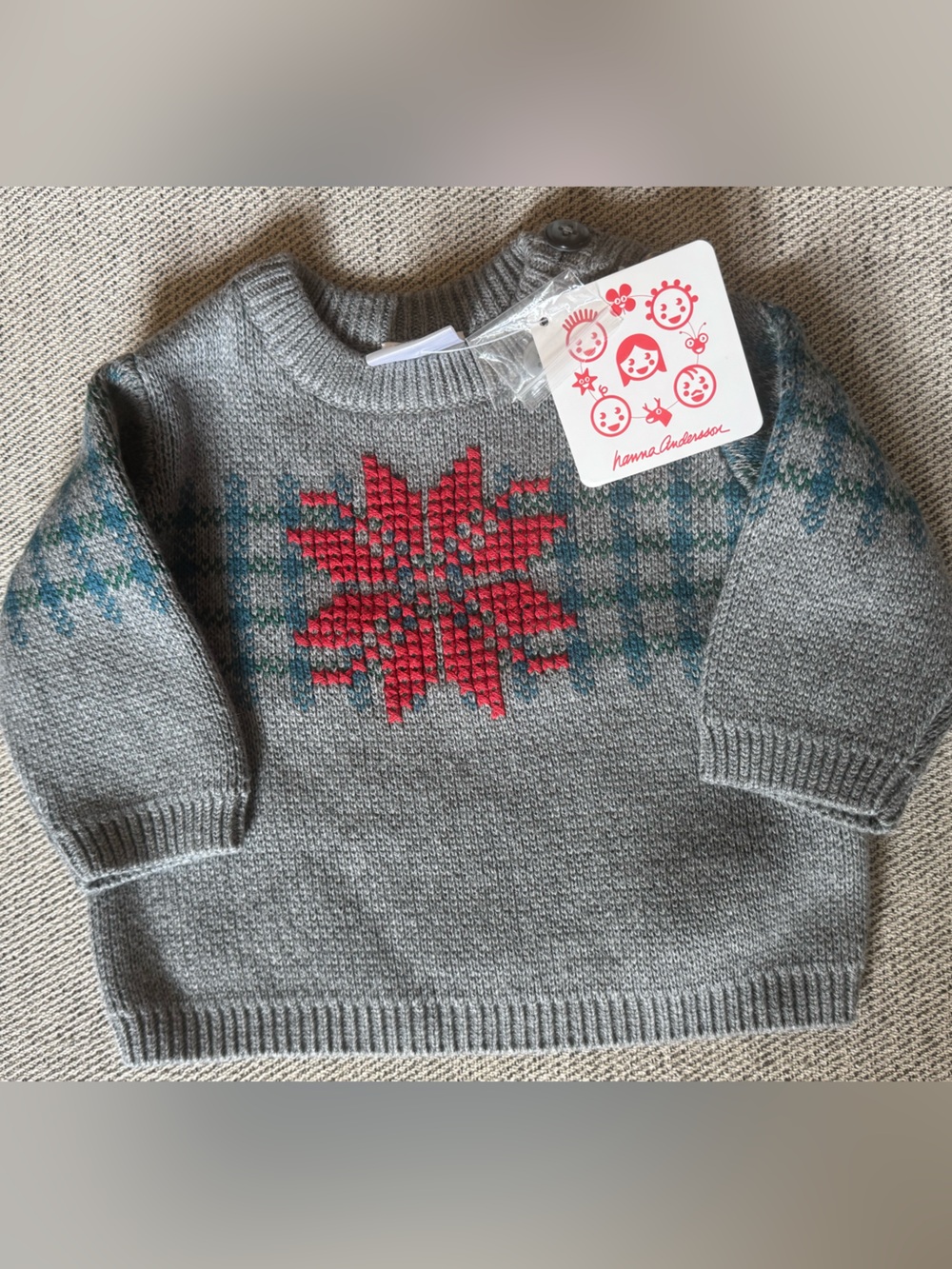 Hanna Andersson Gray Knit Sweater with Red Star and Teal Pattern